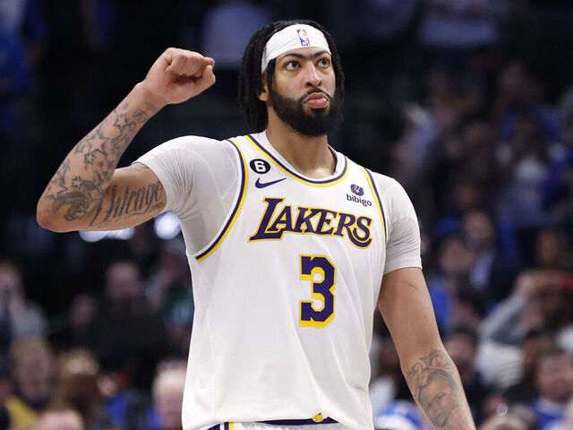 DALLAS, TX - FEBRUARY 26 : Anthony Davis #3 of the Los Angeles Lakers reacts after a 111-108 win over the Dallas Mavericks at American Airlines Center on February 26, 2023 in Dallas, Texas.
