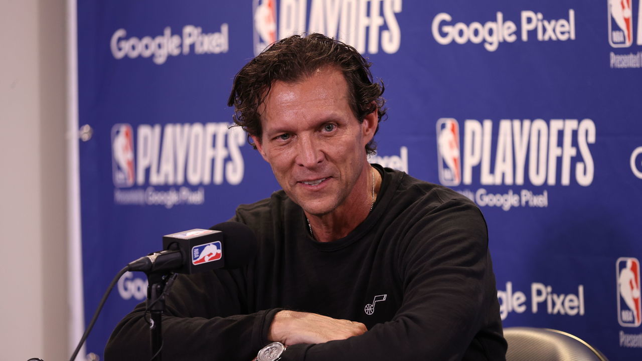 SALT LAKE CITY, UT - APRIL 23: Head Coach Quin Snyder of the Utah Jazz talks to the media after Round 1 Game 4 of the 2022 NBA Playoffs against the Dallas Mavericks on April 23, 2022 at vivint.SmartHome Arena in Salt Lake City, Utah. Mandatory Copyright Notice: Copyright 2022 NBAE