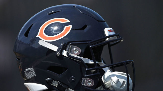 LAKE FOREST, IL - JULY 27: A detail view of a Chicago Bears helmet is seen during the Chicago Bears Training Camp on July 27, 2022 at Halas Hall in Lake Forest, IL.