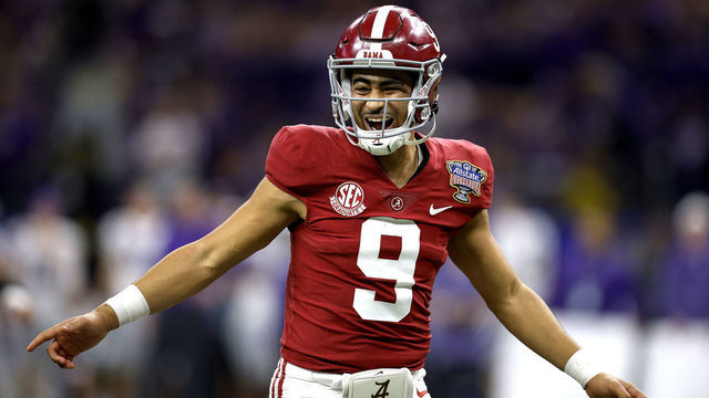 NEW ORLEANS, LOUISIANA - DECEMBER 31: Bryce Young #9 of the Alabama Crimson Tide reacts after throwing a touchdown pass during the fourth quarter of the Allstate Sugar Bowl against the Kansas State Wildcats at Caesars Superdome on December 31, 2022 in New Orleans, Louisiana.
