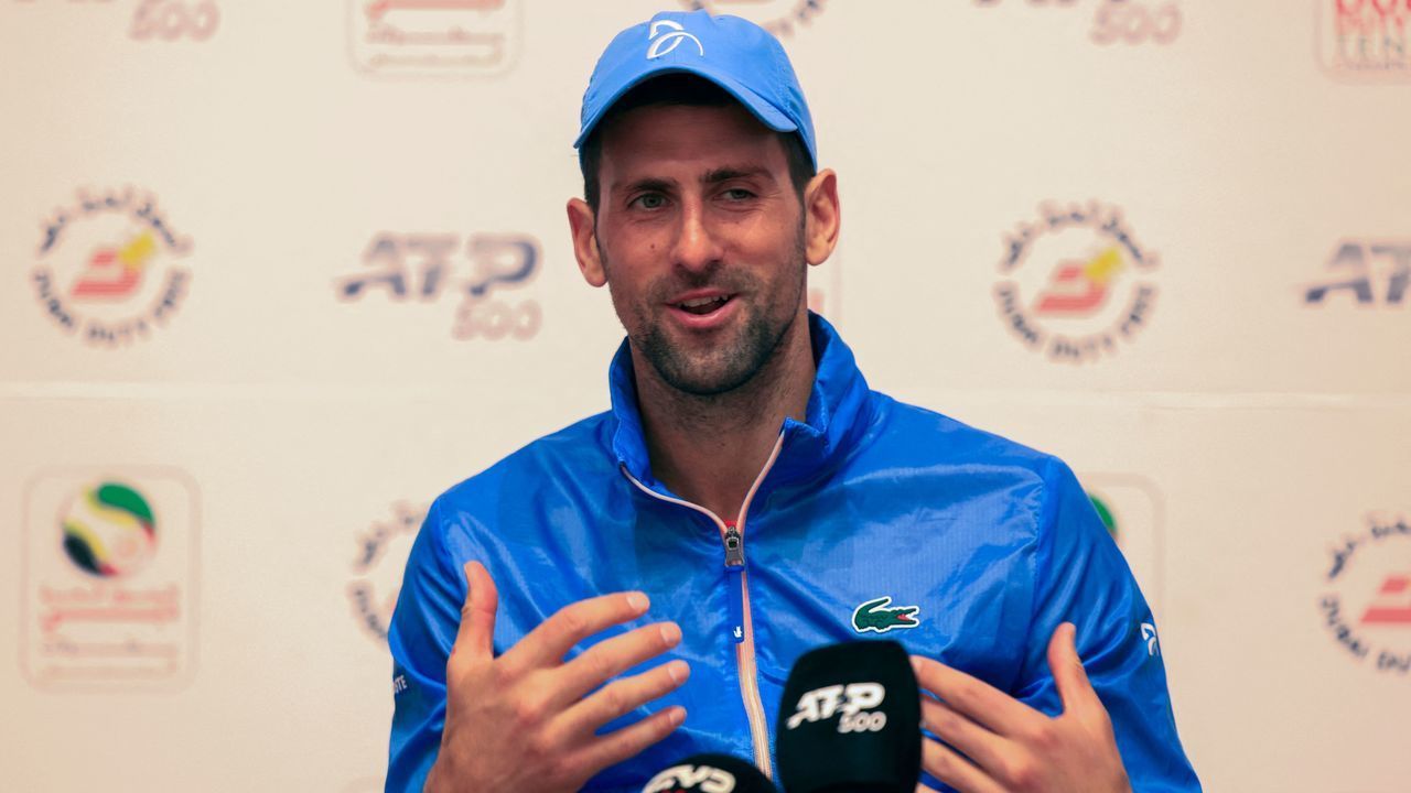 Novak Djokovic of Serbia holds a press conference during the ATP Dubai Duty Free Tennis Champiopnships in Dubai, on February 26, 2023.