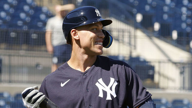 TAMPA, FL - FEBRUARY 20: Aaron Judge #99 of the New York Yankees smiles during Spring Training at George M. Steinbrenner Field on February 20, 2023 in Tampa, Florida.