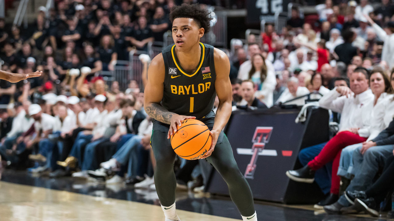 LUBBOCK, TEXAS - JANUARY 17: Guard Keyonte George #1 of the Baylor Bears handles the ball during the first half of the college basketball game against the Texas Tech Red Raiders at United Supermarkets Arena on January 17, 2023 in Lubbock, Texas.