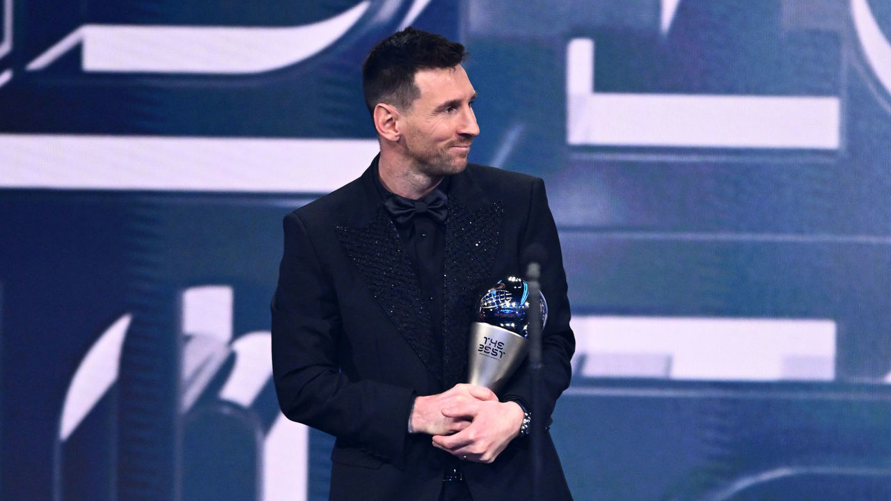 PARIS, FRANCE - FEBRUARY 27: Lionel Messi poses with the Best FIFA Men's Payer 2022 award during The Best FIFA Football Awards 2022 on February 27, 2023 in Paris, France.
