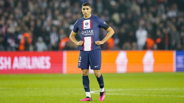 PARIS, FRANCE - FEBRUARY 14: Achraf Hakimi of FC Paris Saint-Germain looks on during the UEFA Champions League round of 16 leg one match between Paris Saint-Germain and FC Bayern München at Parc des Princes on February 14, 2023 in Paris, France.