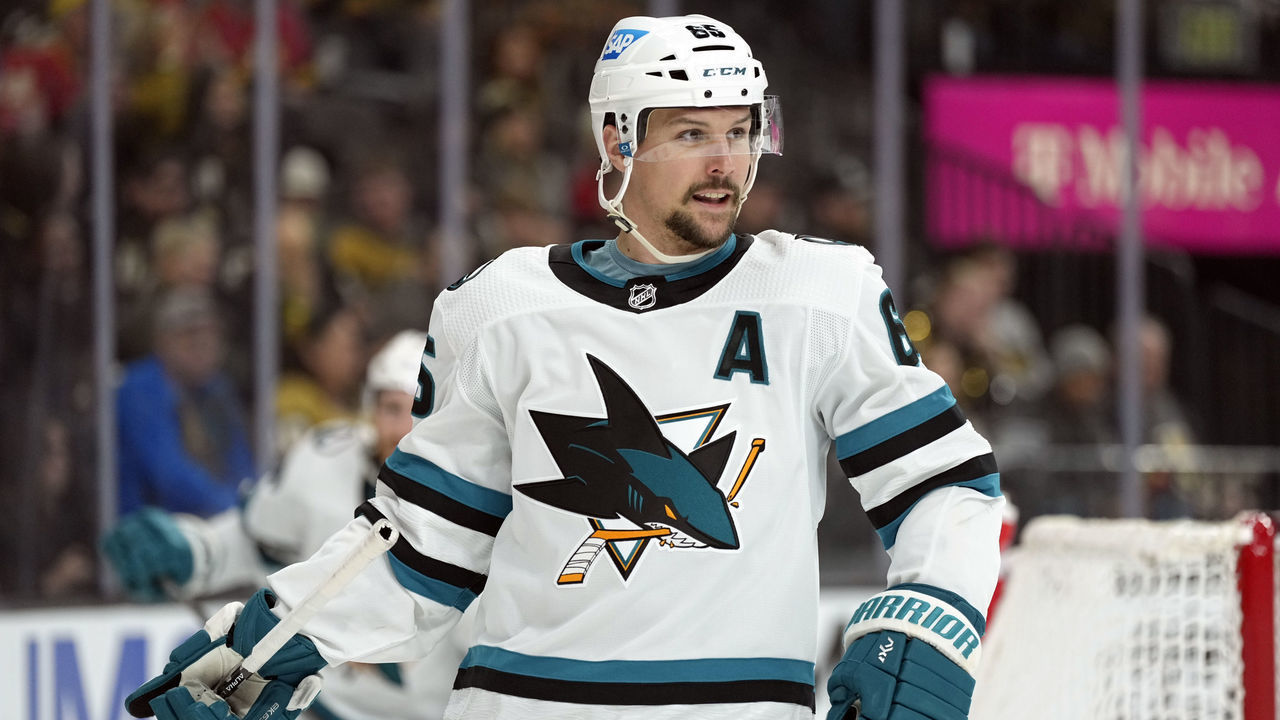 LAS VEGAS, NEVADA - FEBRUARY 16: Erik Karlsson #65 of the San Jose Sharks skates during the first period against the Vegas Golden Knights at T-Mobile Arena on February 16, 2023 in Las Vegas, Nevada.
