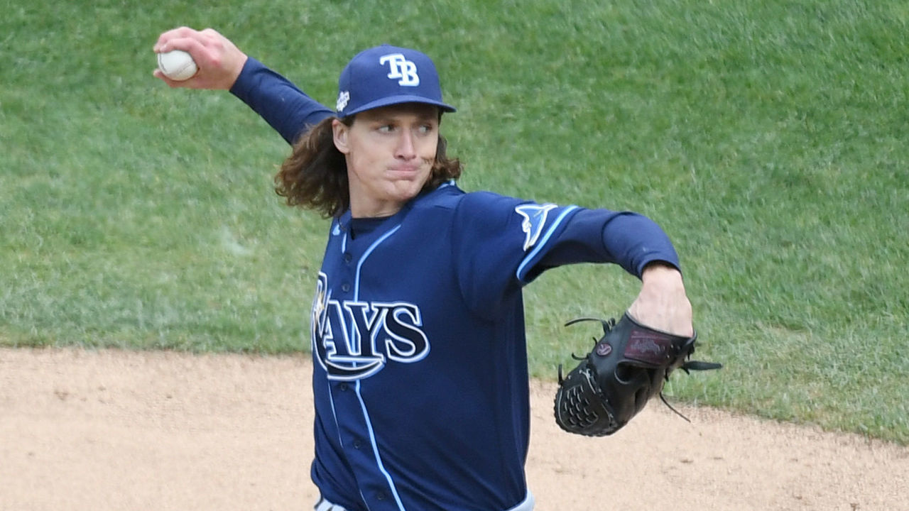 CLEVELAND, OH - OCTOBER 8, 2022: Tyler Glasnow #20 of the Tampa Bay Rays throws a pitch during the second inning of game 2 of the wild card series against the Cleveland Guardians at Progressive Field on October 8, 2022 in Cleveland, Ohio.