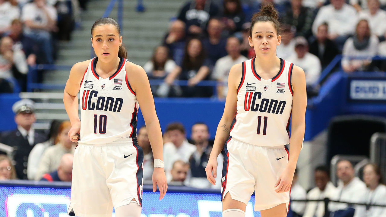 HARTFORD, CT - FEBRUARY 05: UConn Huskies guard Nika Muhl (10) and UConn Huskies forward Lou Lopez Senechal (11) during the women's college basketball game between South Carolina Gamecocks and UConn Huskies on February 5, 2023, at XL Center in Hartford, CT.