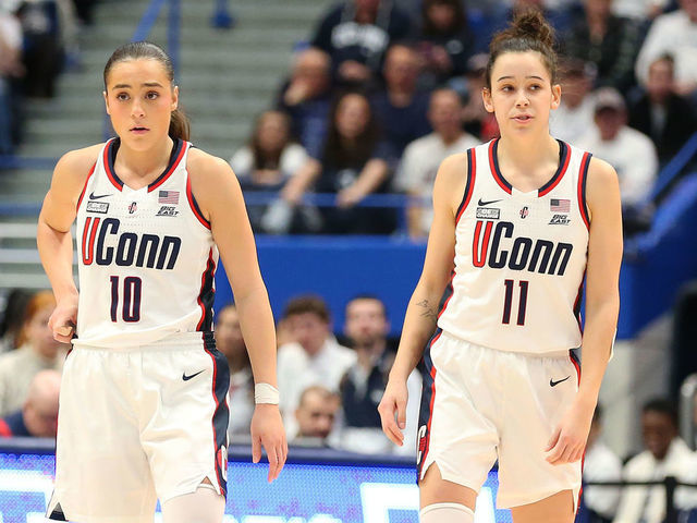 HARTFORD, CT - FEBRUARY 05: UConn Huskies guard Nika Muhl (10) and UConn Huskies forward Lou Lopez Senechal (11) during the women's college basketball game between South Carolina Gamecocks and UConn Huskies on February 5, 2023, at XL Center in Hartford, CT.