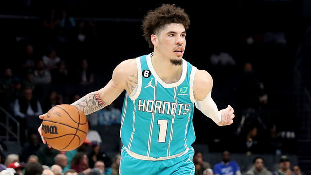 CHARLOTTE, NC - FEBRUARY 27: LaMelo Ball #1 of the Charlotte Hornets dribbles the ball against the Detroit Pistons on February 27, 2023 at Spectrum Center in Charlotte, North Carolina. Mandatory Copyright Notice: Copyright 2023 NBAE