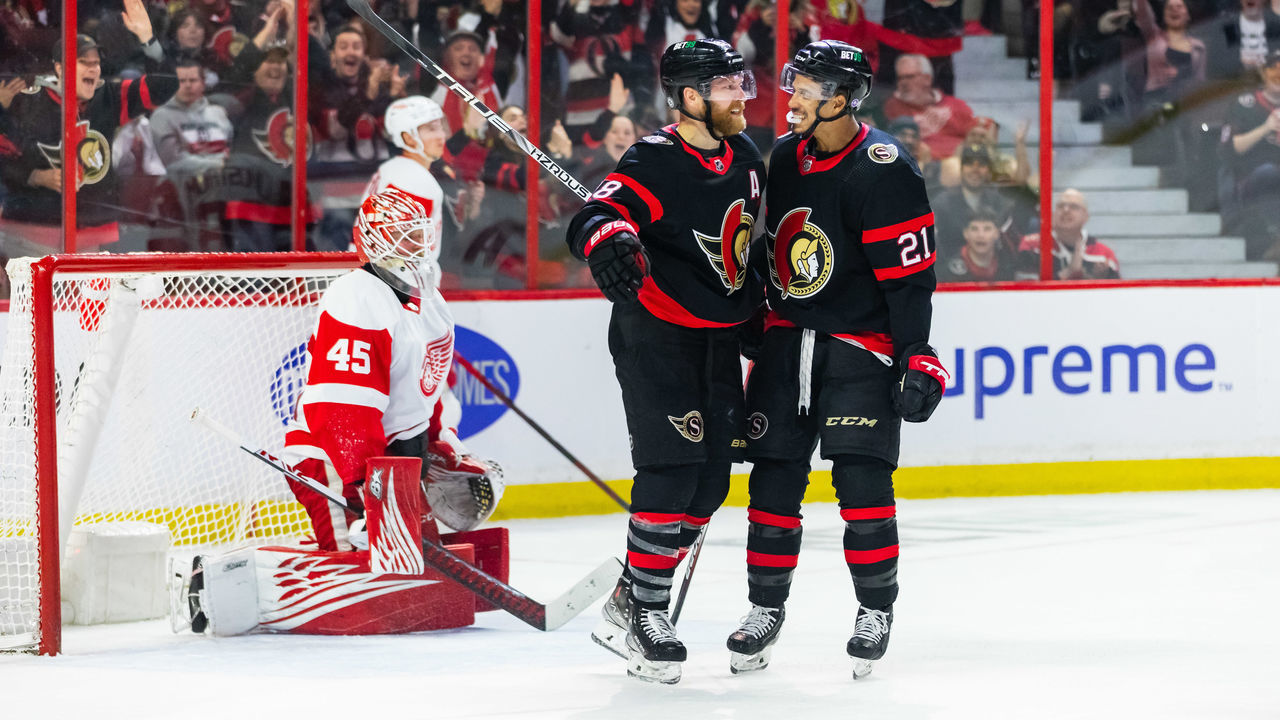 OTTAWA, ON - FEBRUARY 27: Ottawa Senators Right Wing Claude Giroux (28) celebrates his goal with teammate Left Wing Mathieu Joseph (21)during second period National Hockey League action between the Detroit Red Wings and Ottawa Senators on February 27, 2023, at Canadian Tire Centre in Ottawa, ON, Canada.