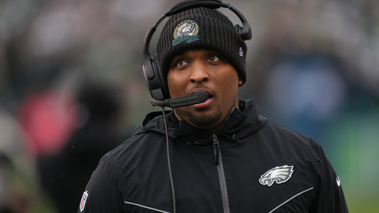 PHILADELPHIA, PA - JANUARY 29: Philadelphia Eagles coach Brian Johnson looks on during the Championship game between the San Fransisco 49ers and the Philadelphia Eagles on January 29, 2023.