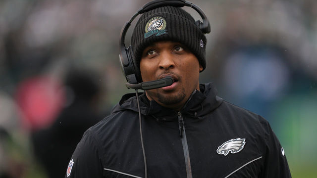 PHILADELPHIA, PA - JANUARY 29: Philadelphia Eagles coach Brian Johnson looks on during the Championship game between the San Fransisco 49ers and the Philadelphia Eagles on January 29, 2023.