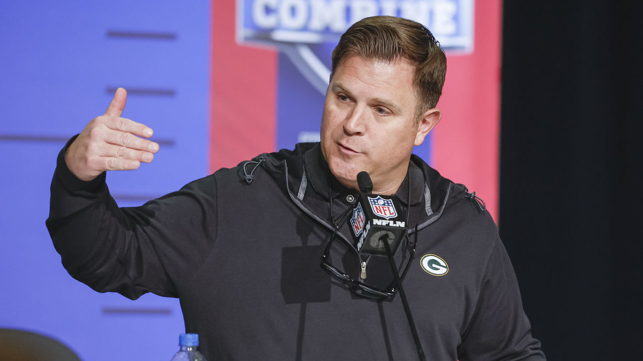 INDIANAPOLIS, IN - MAR 01: Brian Gutekunst, general manager of the Green Bay Packers speaks to reporters during the NFL Draft Combine at the Indiana Convention Center on March 1, 2022 in Indianapolis, Indiana.