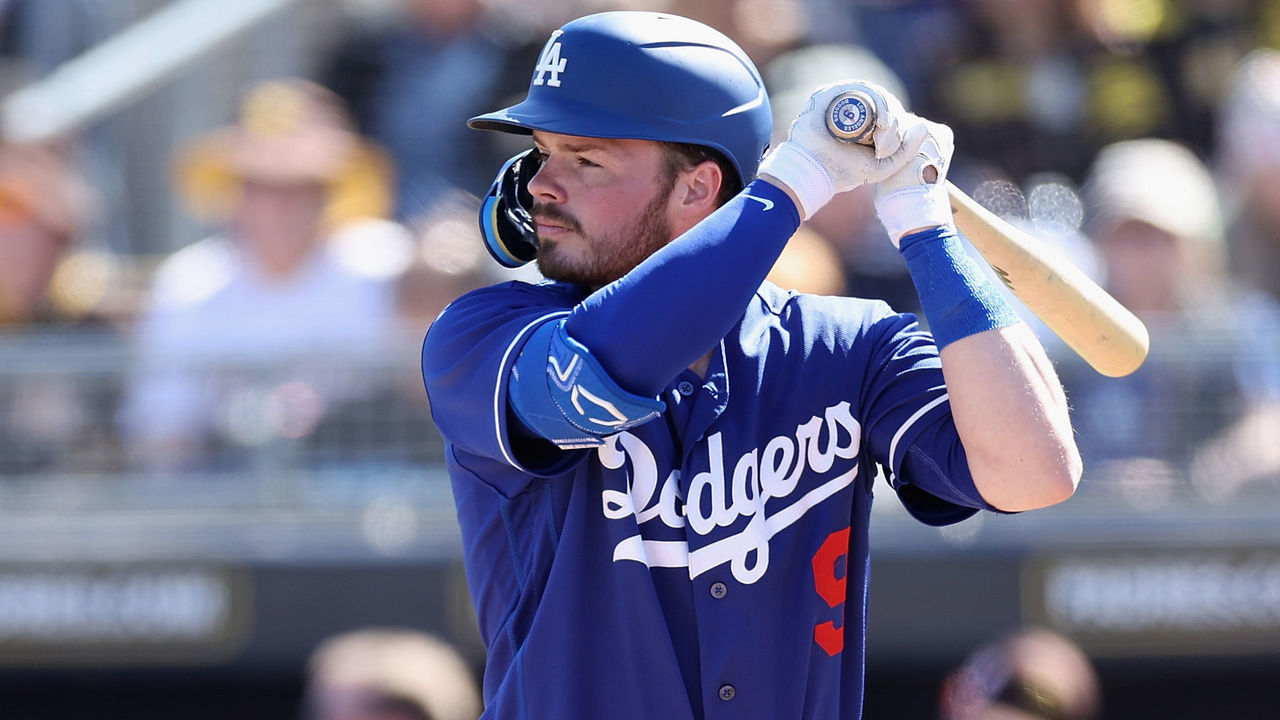 PEORIA, ARIZONA - FEBRUARY 27: Gavin Lux #9 of the Los Angeles Dodgers bats against the San Diego Padres during the first inning of the spring training game at Peoria Stadium on February 27, 2023 in Peoria, Arizona.