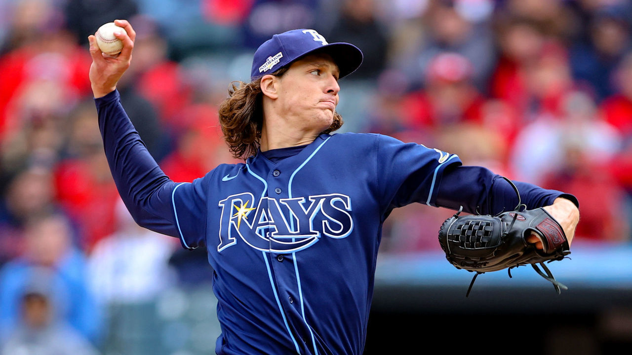CLEVELAND, OH - OCTOBER 08: Tampa Bay Rays starting pitcher Tyler Glasnow (20) delivers a pitch to the plate during the first inning of the Major League Baseball Wild Card Series Game 2 between the Tampa Bay Rays and Cleveland Guardians on October 8, 2022, at Progressive Field in Cleveland, OH.