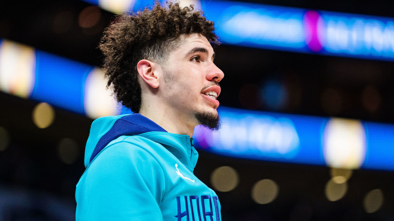 CHARLOTTE, NORTH CAROLINA - FEBRUARY 25: LaMelo Ball #1 of the Charlotte Hornets during their game against the Miami Heat at Spectrum Center on February 25, 2023 in Charlotte, North Carolina.