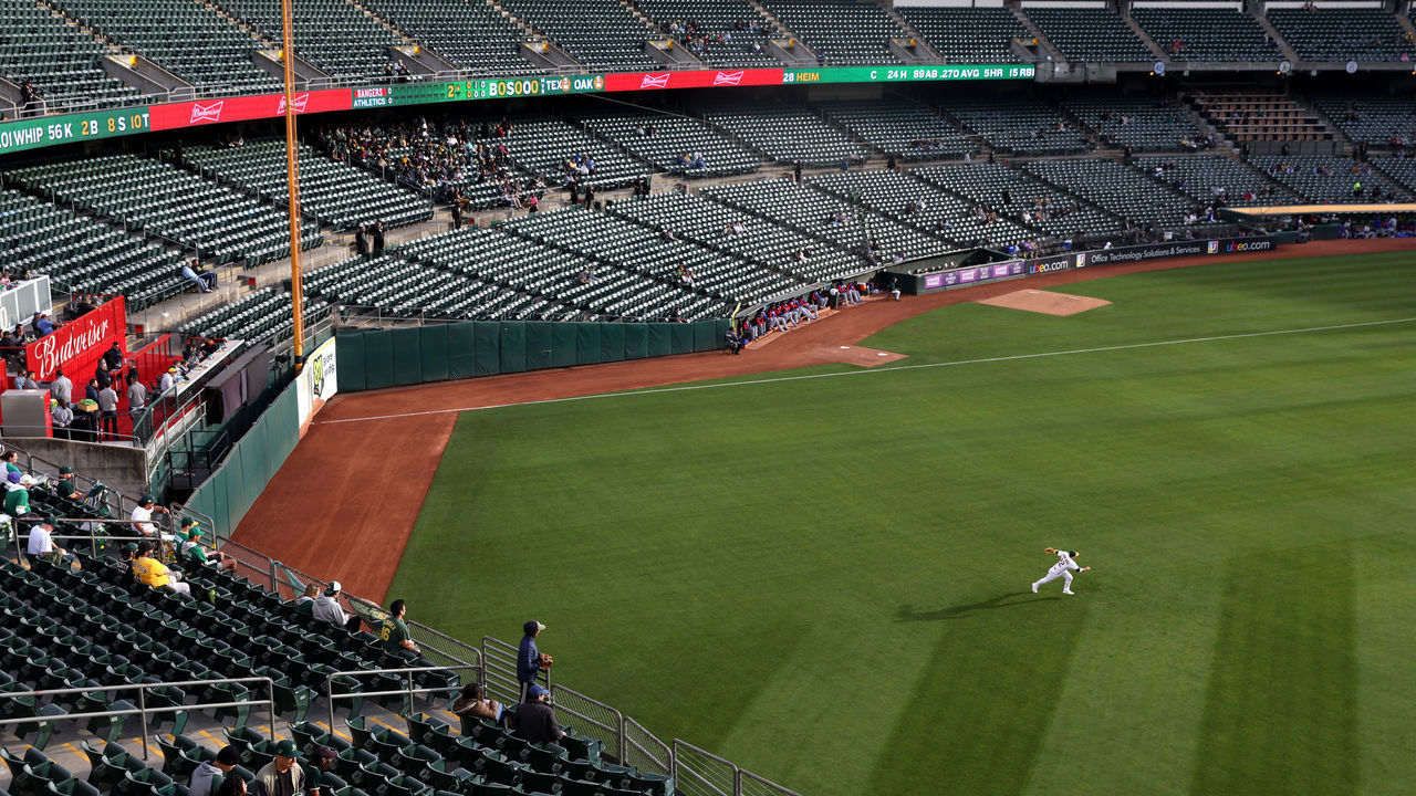 OAKLAND, CALIFORNIA - MAY 26: Rows of seats sit empty as the Oakland Athletics play the Texas Rangers at RingCentral Coliseum on May 26, 2022 in Oakland, California. Attendance at Oakland Athletics baseball games have dwindled to historic lows as the team has traded away fan favorite players and continues to explore moving the team to Las Vegas if they can't reach a deal to build a new stadium near the Port of Oakland. The Athletics have the lowest attendance of all 30 Major League Baseball (MLB) as well as the league's lowest single game attendance for a May 2nd game that only drew 2,488 fans.