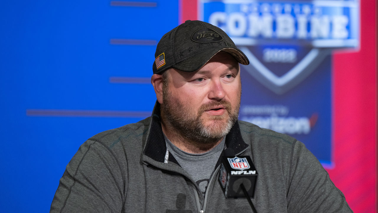 INDIANAPOLIS, IN - MARCH 02: New York Jets general manager Joe Douglas answers questions from the media during the NFL Scouting Combine on March 2, 2022, at the Indiana Convention Center in Indianapolis, IN.