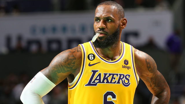 CHARLOTTE, NC - JANUARY 2: LeBron James #6 of the Los Angeles Lakers looks on during the game against the Charlotte Hornets on January 2, 2023 at Spectrum Center in Charlotte, North Carolina. Mandatory Copyright Notice: Copyright 2023 NBAE