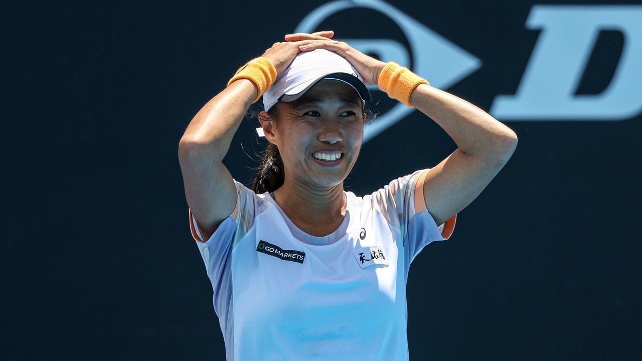 Zhang Shuai of China celebrates after winning the women's singles third round match against Katie Volynets of the United States at Australian Open tennis tournament in Melbourne, Australia, on Jan. 21, 2023.
