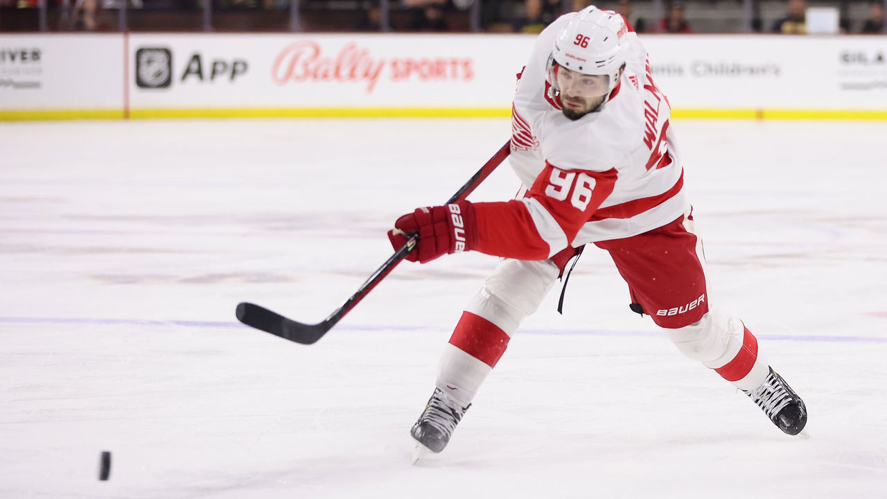 TEMPE, ARIZONA - JANUARY 17: Jake Walman #96 of the Detroit Red Wings shoots the puck during the NHL game at Mullett Arena on January 17, 2023 in Tempe, Arizona. The Coyotes defeated the Red Wings 4-3 in an overtime shootout.