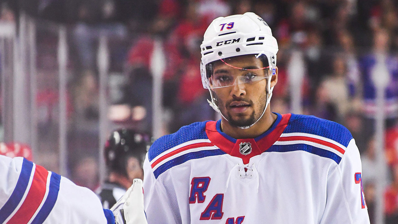 CALGARY, CANADA - FEBRUARY 18: K'Andre Miller #79 of the New York Rangers in action against the Calgary Flames during an NHL game at Scotiabank Saddledome on February 18, 2023 in Calgary, Alberta, Canada. The Flames defeated the Rangers 3-2 in overtime.