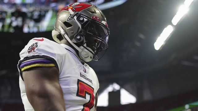 ATLANTA, GA - JANUARY 08: Leonard Fournette #7 of the Tampa Bay Buccaneers warms up against the Atlanta Falcons at Mercedes-Benz Stadium on January 8, 2023 in Atlanta, Georgia.