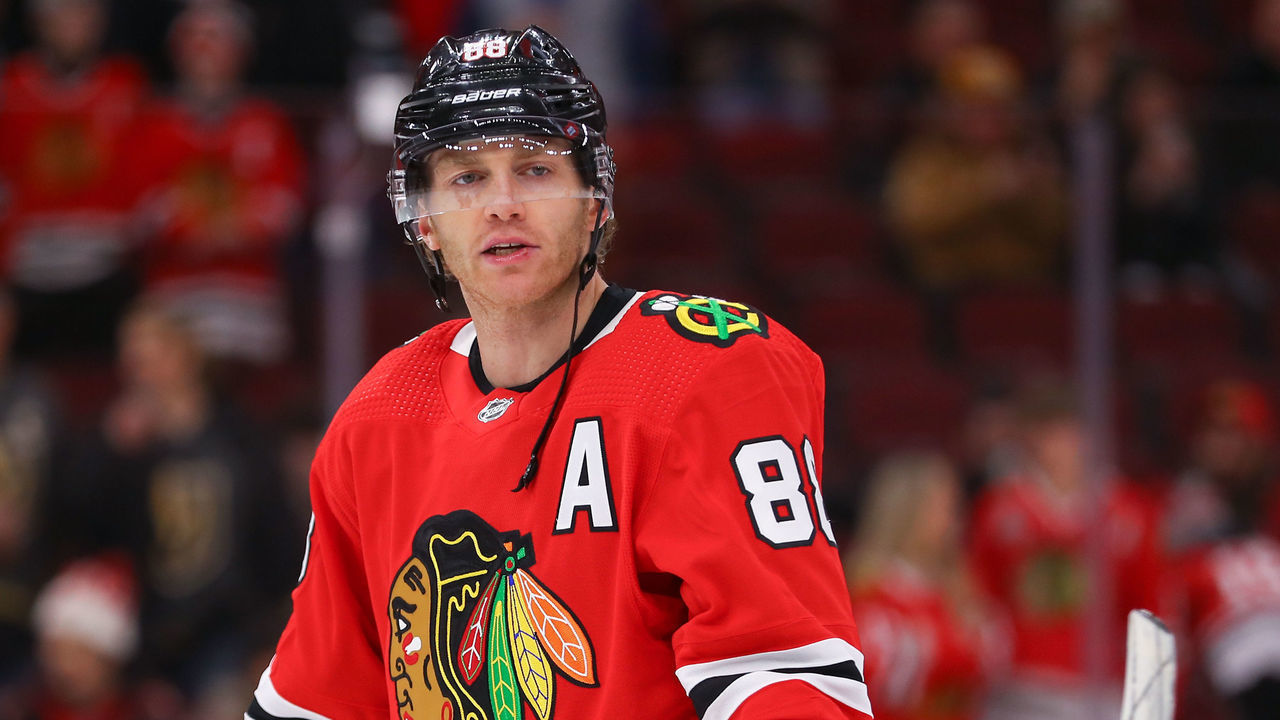 CHICAGO, IL - FEBRUARY 21: Chicago Blackhawks Right Wing Patrick Kane (88) looks on during warm-ups before a game between the Vegas Golden Knights and the Chicago Blackhawks on February 21, 2023 at the United Center in Chicago, IL.