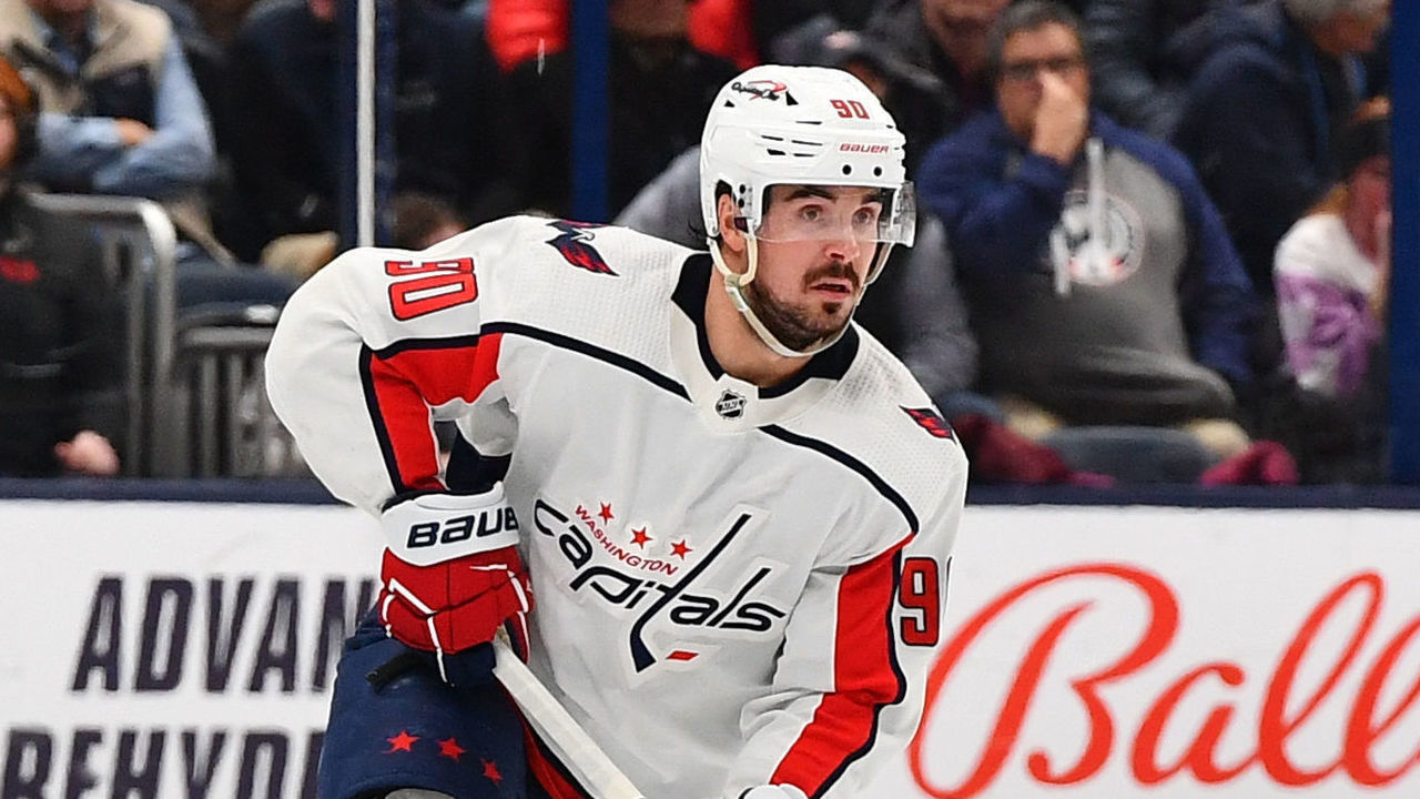 COLUMBUS, OHIO - JANUARY 31: Marcus Johansson #90 of the Washington Capitals skates with the puck during the overtime period of a game against the Columbus Blue Jackets at Nationwide Arena on January 31, 2023 in Columbus, Ohio.