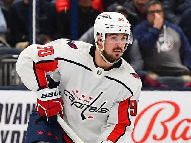 COLUMBUS, OHIO - JANUARY 31: Marcus Johansson #90 of the Washington Capitals skates with the puck during the overtime period of a game against the Columbus Blue Jackets at Nationwide Arena on January 31, 2023 in Columbus, Ohio.