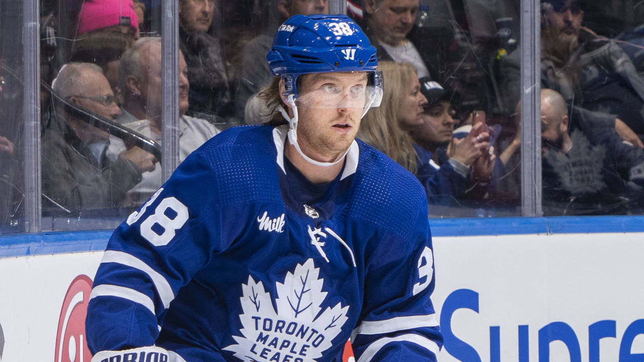 TORONTO, ON - FEBRUARY 15: Rasmus Sandin #38 of the Toronto Maple Leafs skates against the Chicago Blackhawks during the first period at the Scotiabank Arena on February 15, 2023 in Toronto, Ontario, Canada.