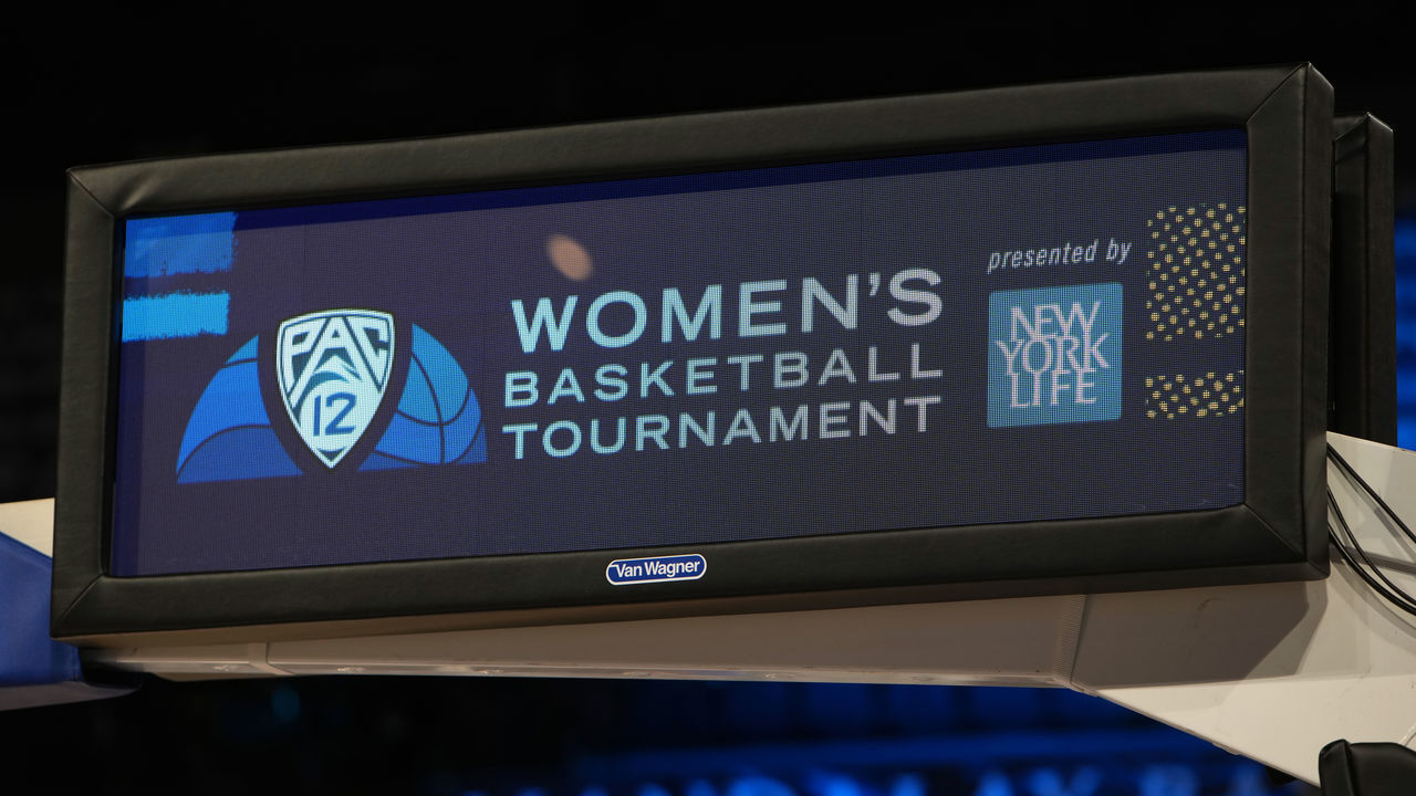 LAS VEGAS, NEVADA - MARCH 06: A Pac-12 logo is shown on the court before the championship game of the Pac-12 Conference women's basketball tournament featuring the Utah Utes and Stanford Cardinal at Michelob ULTRA Arena on March 06, 2022 in Las Vegas, Nevada.