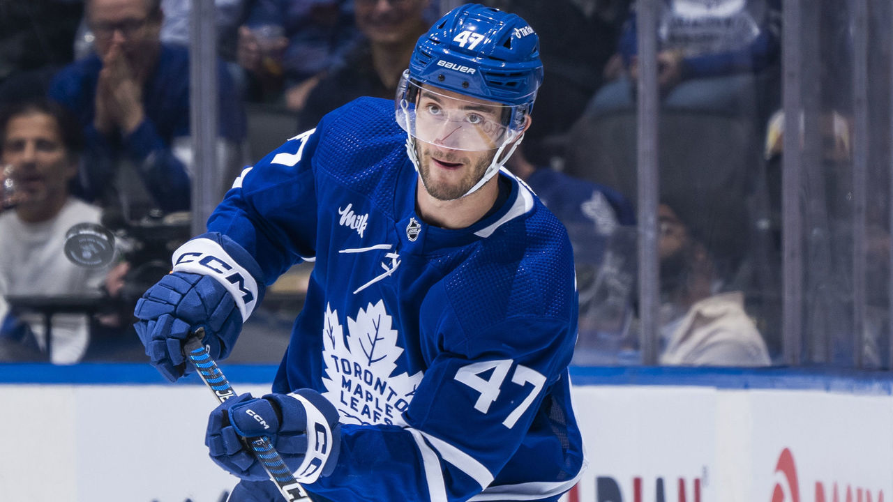 TORONTO, ON - FEBRUARY 24: Pierre Engvall #47 of the Toronto Maple Leafs skates against the Minnesota Wild during the first period at the Scotiabank Arena on February 24, 2023 in Toronto, Ontario, Canada.