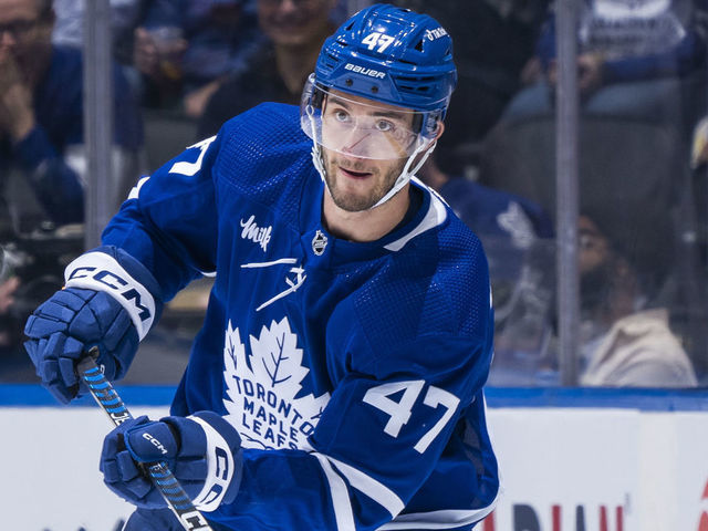 TORONTO, ON - FEBRUARY 24: Pierre Engvall #47 of the Toronto Maple Leafs skates against the Minnesota Wild during the first period at the Scotiabank Arena on February 24, 2023 in Toronto, Ontario, Canada.