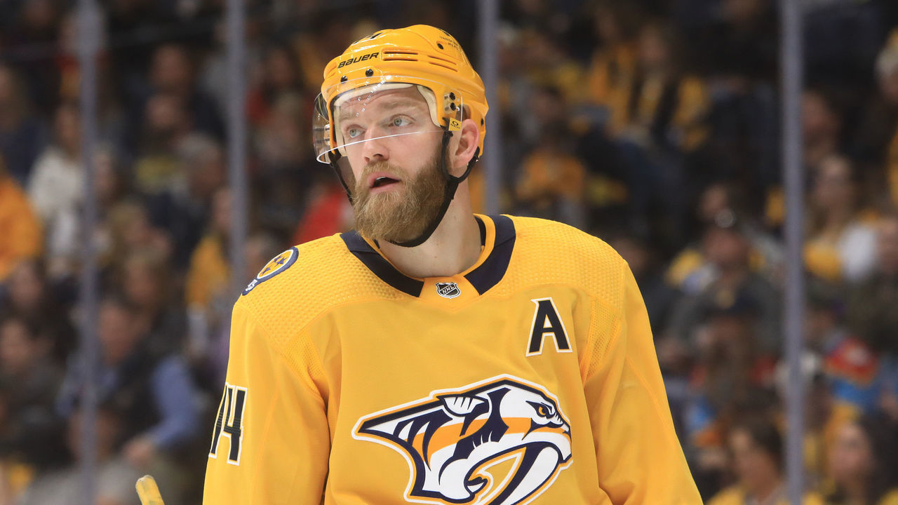 NASHVILLE, TN - FEBRUARY 18: Nashville Predators defenseman Mattias Ekholm (14), of Sweden, is shown during the NHL game between the Nashville Predators and Florida Panthers, held on February 18, 2023, at Bridgestone Arena in Nashville, Tennessee.