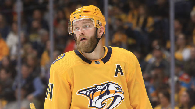 NASHVILLE, TN - FEBRUARY 18: Nashville Predators defenseman Mattias Ekholm (14), of Sweden, is shown during the NHL game between the Nashville Predators and Florida Panthers, held on February 18, 2023, at Bridgestone Arena in Nashville, Tennessee.