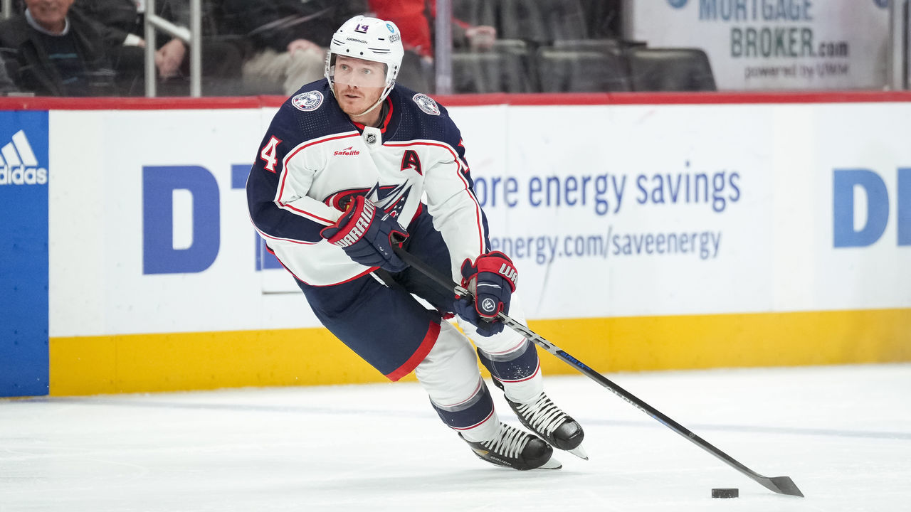 DETROIT, MICHIGAN - JANUARY 14: Gustav Nyquist #14 of the Columbus Blue Jackets handles the puck against the Detroit Red Wings during the first period at Little Caesars Arena on January 14, 2023 in Detroit, Michigan.