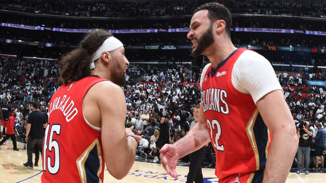 LOS ANGELES, CA - APRIL 15: Jose Alvarado #15 of the New Orleans Pelicans and Larry Nance Jr. #22 of the New Orleans Pelicans celebrate winning the game against the LA Clippers during the 2022 Play-In Tournament on April 15, 2022 at Crypto.Com Arena in Los Angeles, California. NOTE TO USER: User expressly acknowledges and agrees that, by downloading and/or using this Photograph, user is consenting to the terms and conditions of the Getty Images License Agreement. Mandatory Copyright Notice: Copyright 2022 NBAE