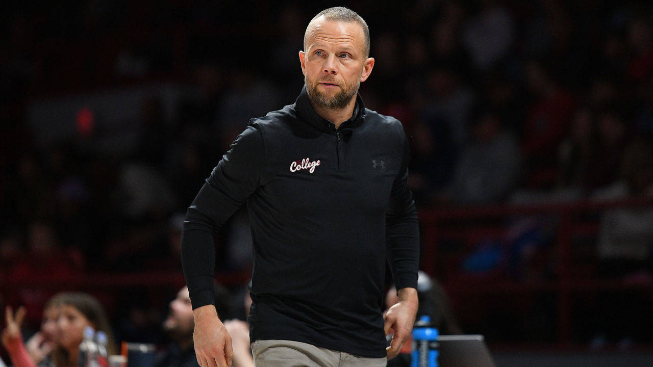 BOSTON, MA - JANUARY 21: Charleston Cougars head coach Pat Kelsey looks on during a college basketball game between the Charleston Cougars and the Northeastern Huskies on January 21, 2023, at Matthews Arena in Boston, MA.