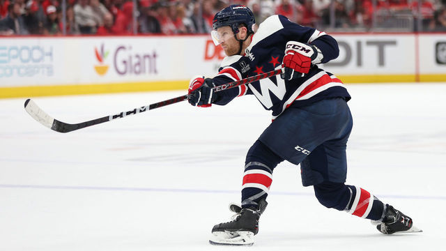 WASHINGTON, DC - FEBRUARY 23: Nick Jensen #3 of the Washington Capitals shoots against the Anaheim Ducks during the second period at Capital One Arena on February 23, 2023 in Washington, DC.
