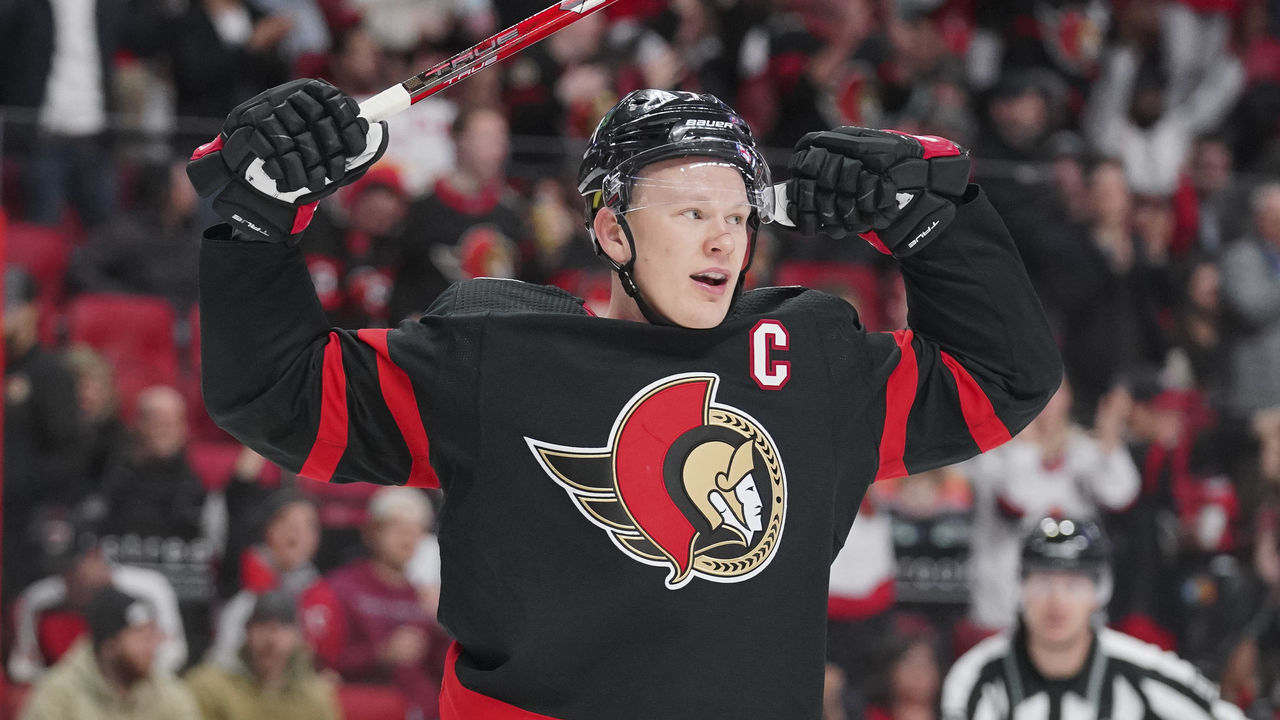 OTTAWA, CANADA - FEBRUARY 28: Brady Tkachuk #7 of the Ottawa Senators celebrates his third period goal against the Detroit Red Wings at Canadian Tire Centre on February 28, 2023 in Ottawa, Ontario, Canada.