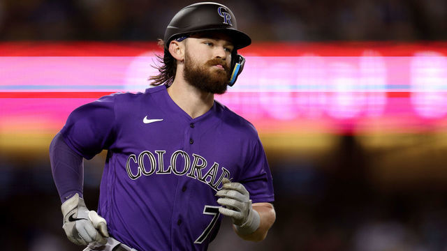LOS ANGELES, CALIFORNIA - OCTOBER 04: Brendan Rodgers #7 of the Colorado Rockies runs the bases after his solo homerun, to take a 1-0 lead over the Los Angeles Dodgers, during the first inning at Dodger Stadium on October 04, 2022 in Los Angeles, California.