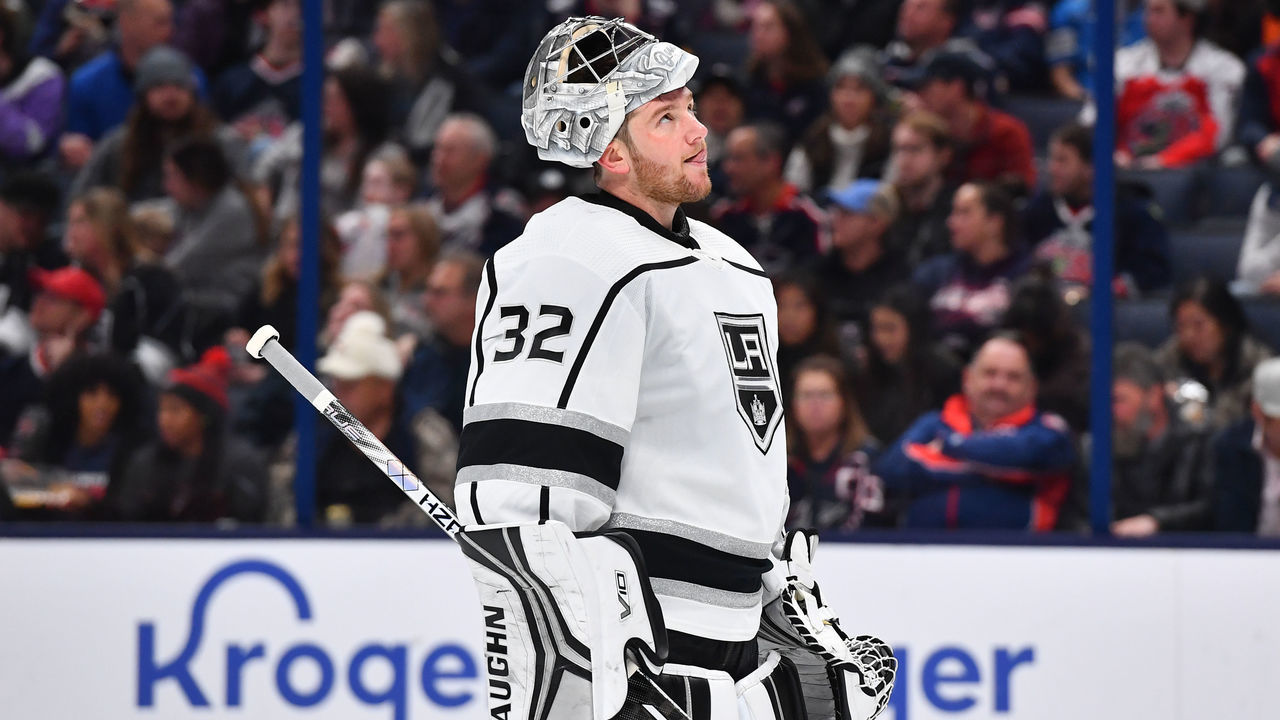 COLUMBUS, OHIO - DECEMBER 11: Goaltender Jonathan Quick #32 of the Los Angeles Kings skates during a stoppage in play in the first period of a game against the Columbus Blue Jackets at Nationwide Arena on December 11, 2022 in Columbus, Ohio.