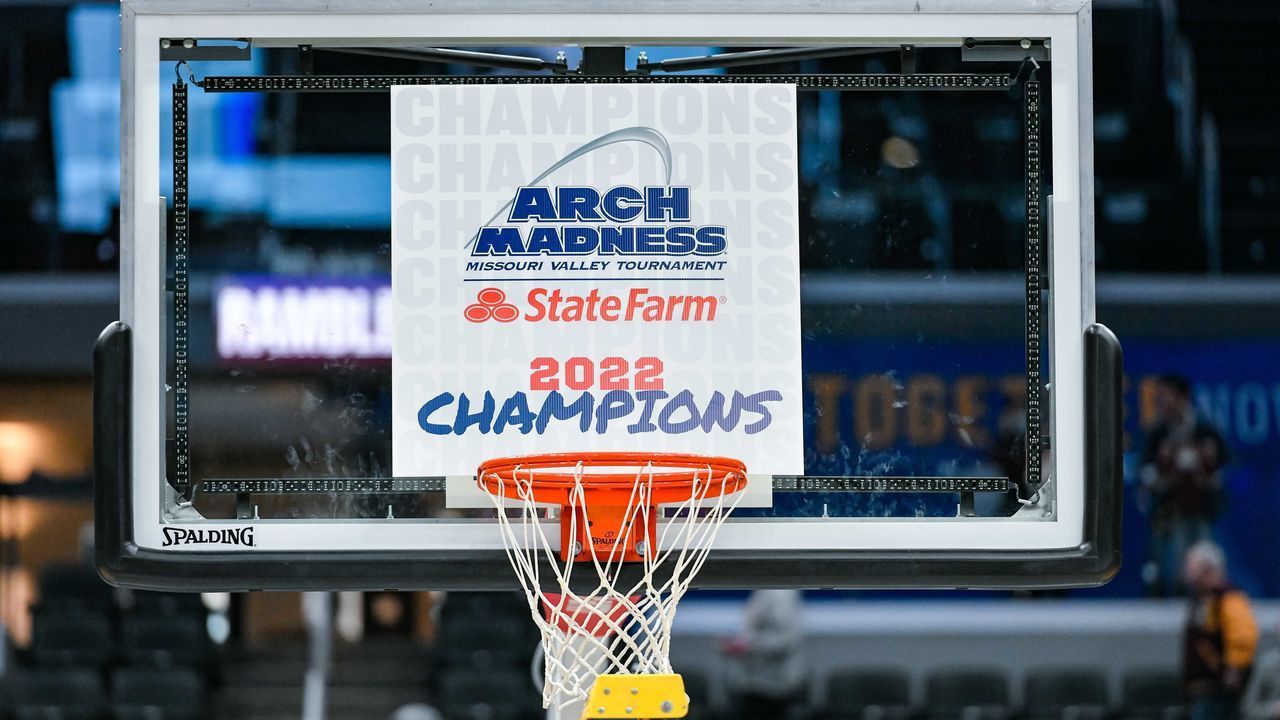 ST. LOUIS, MO - MARCH 06: The ladder sits next to the basket waiting to assist the players in the tradition of cutting down the net in the championship game of the Missouri Valley Conference Tournament between the Loyola Chicago Ramblers and the Drake Bulldogs on March 06, 2022, at the Enterprise Center in St. Louis MO