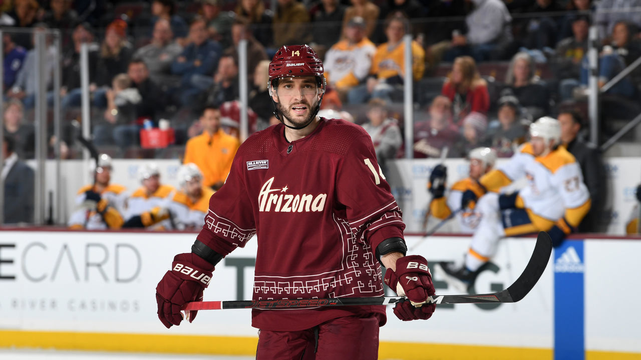 TEMPE, ARIZONA - FEBRUARY 26: Shayne Gostisbehere #14 of the Arizona Coyotes skates up ice against the Nashville Predators at Mullett Arena on February 26, 2023 in Tempe, Arizona.