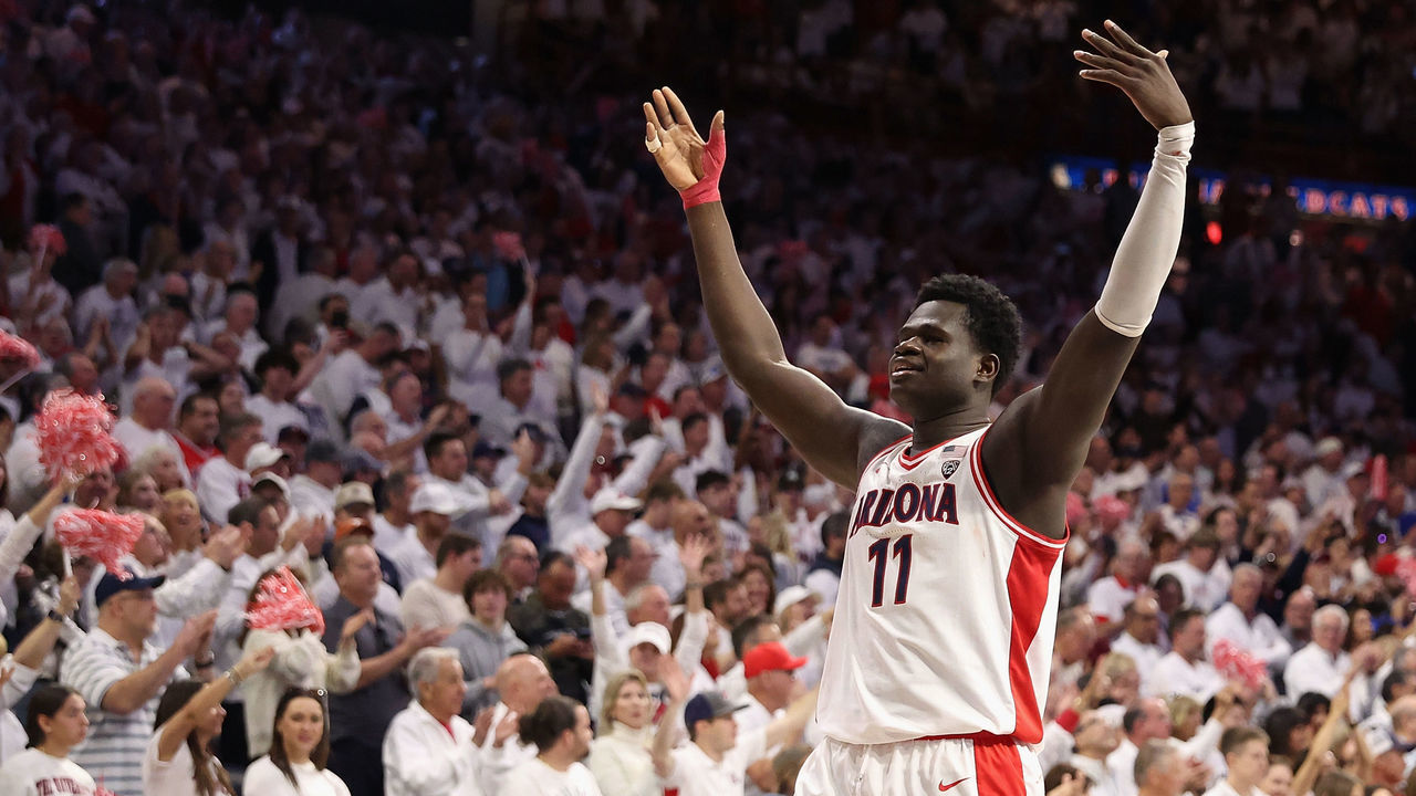 TUCSON, ARIZONA - JANUARY 21: Oumar Ballo #11 of the Arizona Wildcats celebrates during the final moments of the second half of the NCAA game against the UCLA Bruins at McKale Center on January 21, 2023 in Tucson, Arizona. The Wildcats defeated the Bruins 58-52.