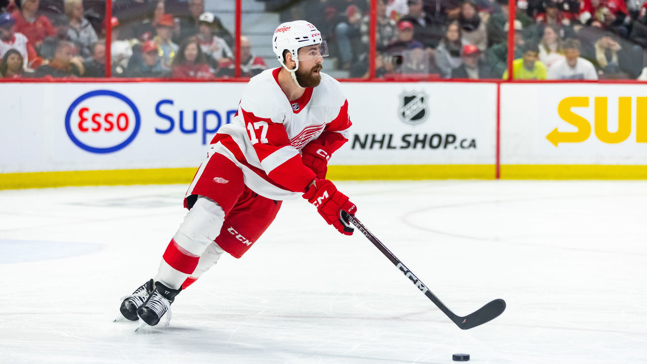 OTTAWA, ON - FEBRUARY 28: Detroit Red Wings Defenceman Filip Hronek (17) skates with the puck during second period National Hockey League action between the Detroit Red Wings and Ottawa Senators on February 28, 2023, at Canadian Tire Centre in Ottawa, ON, Canada.