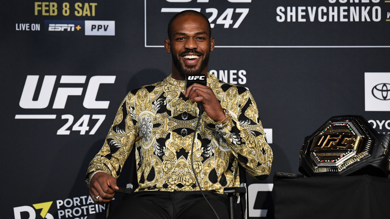 HOUSTON, TX - FEBRUARY 05: UFC light heavyweight champion Jon Jones interacts with media inside the Ballroom at Bayou Place on February 5, 2020 in Houston, Texas.