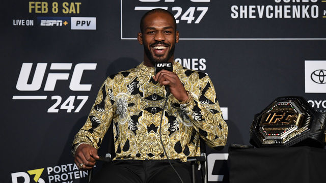 HOUSTON, TX - FEBRUARY 05: UFC light heavyweight champion Jon Jones interacts with media inside the Ballroom at Bayou Place on February 5, 2020 in Houston, Texas.